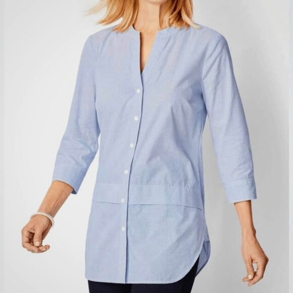 Talbots Button Front Tunic Top Chambray, Tie Sleeves, Button Details in Back [si - Picture 1 of 9